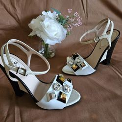 VNDS Women's Fendi Black White Leather Designer Crystal Block Heel Sandals Size 5 US (MINT)