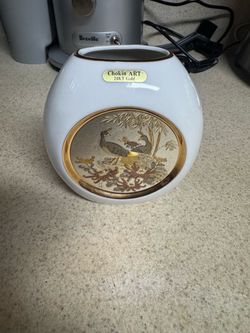 Vintage Art of Chokin 24k Gold Edged White Ceramic Vase with Peacock