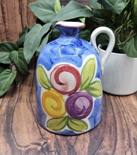 Vintage Italian Art Pottery Hand Painted Wide bottom handled ceramic jug pitcher vase candle holder blue with red yellow purple flowers made in Italy
