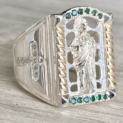 Man ring  Saint Judas silver 925 and gold 10k  size  11 , 12,   Average weight 15 grams   Silver 925 Sterling with 10k-Gold-Laminated Parts  Very fine