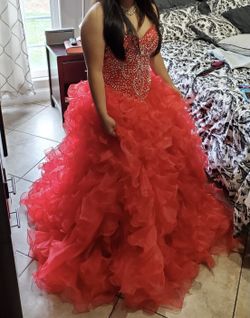 Red Quinceanera Dress With Pearl Necklace, Earrings, Crown And Two Adult Suspenders