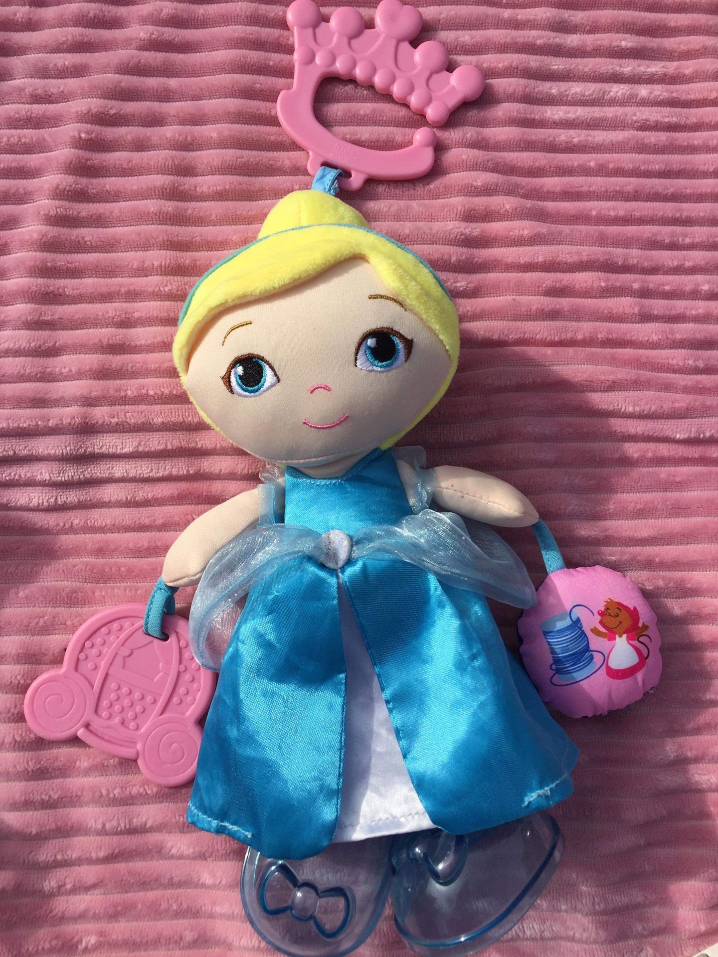 Disney Baby Cinderella Blue Dress Plush Rattle Teether Hanging Toy 15”