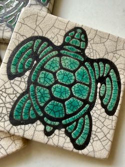 Hand Crafted Honu Sea Turtle Aloha Raku Pottery by Maui Artist Javier Gaytan Ceramic Coasters - Set of 4  Raku firing, an ancient Japanese technique w