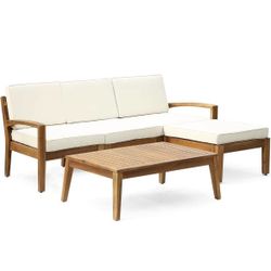 LIKE NEW Patio Sofa Set with Ottoman and Table - Cream and Wood - Retail $800