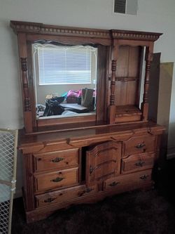 Vintage solid wood dresser with mirrored hutch