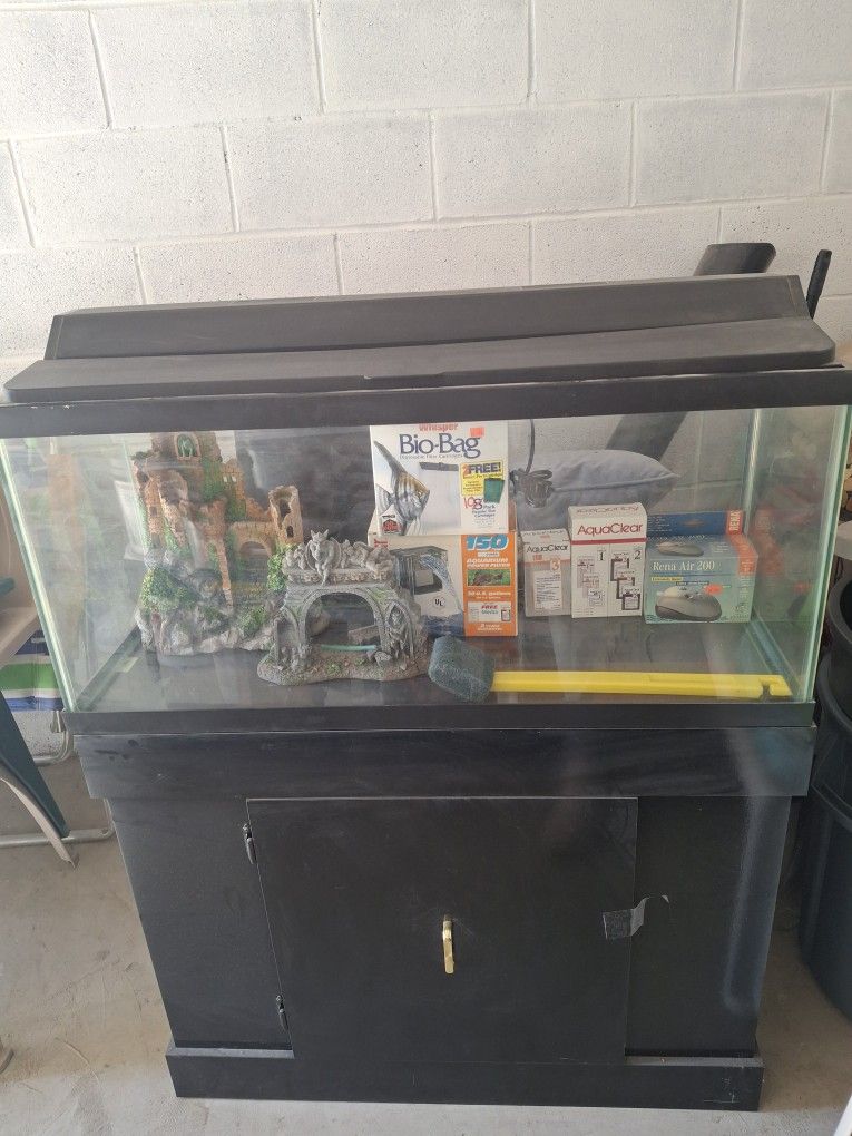 50 Gallon Tank With Wood Stand And Some Accessories