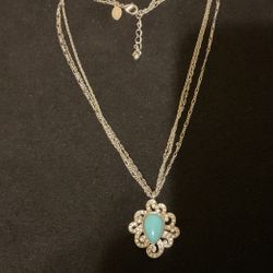 18” SilverTone Triple Strand Necklace With Turquoise And Rhinestones Pendant,by Express