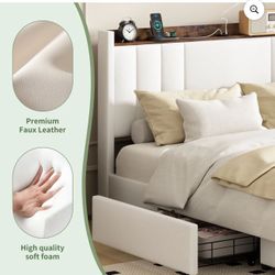 Queen Bed Frame Faux Leather Upholstered with Type C Ports Storage Headboard and Reading Light, Drawers