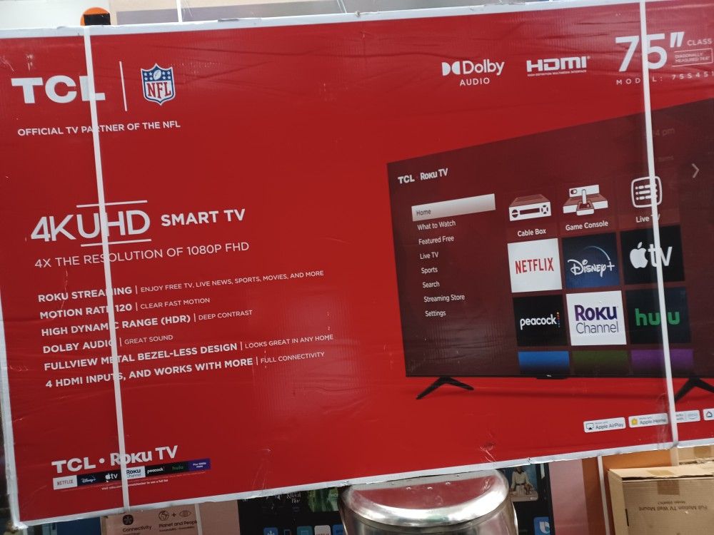 75" Screen Led Smart 4k By TCL With Roku Streaming. Endless Entertainment. Brand New