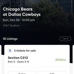 (3) Awesome Club Seats For Chicago Bears @ Dallas Cowboys Tickets $600 Each