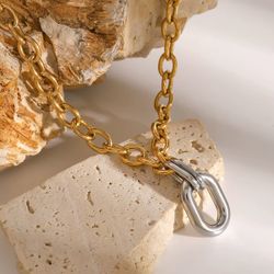 Trendy Gold Chain Necklace With Silver Buckle Pendant