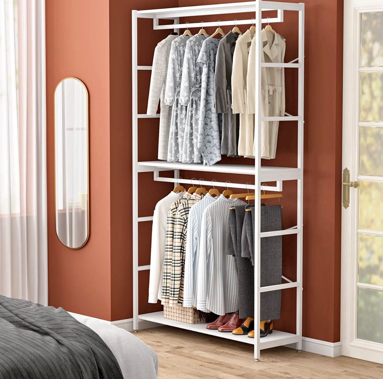 86” Double Rod Closet Organizer – Freestanding Wardrobe w/ 3-Tier Shelves, 150 lb Capacity, White