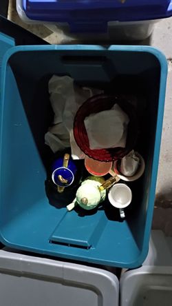 5 totes full of verity of knick knacks various variety of items crystals Church cobalt blue all kind all kinds coffee pots on tea sets on a variety of
