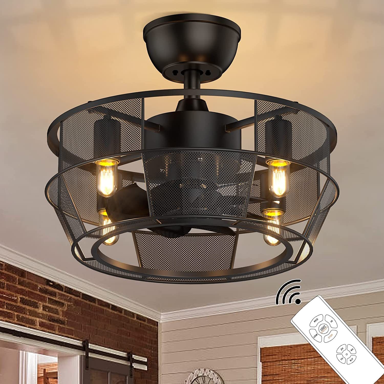 Caged Ceiling Fan, Small Farmhouse Ceiling Fan with Light Remote Control, Industrial Bladeless Ceiling Fan for Outdoor and Indoor