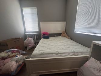 White queen bed frame and mattress