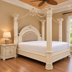 Ornate Corinthian Column Four-Poster Queen Bed and nightstands ( deliver available.