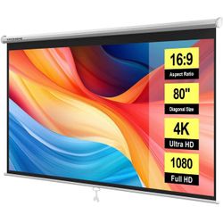80 Inch 16:9 Pull Down Projector Screen, White