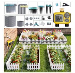 172FT Drip Irrigation System Kit with 2 Zone Water Timer for Garden 1/2" High-Flow Mainline Auto Watering, 26pcs 360° Nozzles & 6-Way Fast-Plug Kit fo