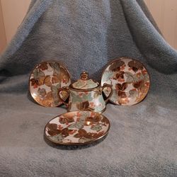 5 Piece Antique 4" Tall Nippon Gold Gilded Suger Bowl With Lid And 3 Gilded  Tea Saucers 5"  All Pieces Have Gold Gild On The Bottom Except The Lid. 