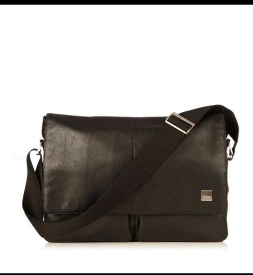 Knomo London BLACK Leather Laptop Bag. Thick Adjustable Strap.