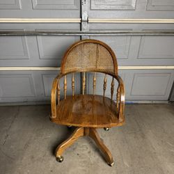 Cane Backed Oak Bankers Roller Chair w/ padded seat