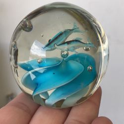 small blue orb glass paperweight with two fishies swimming $12.00 