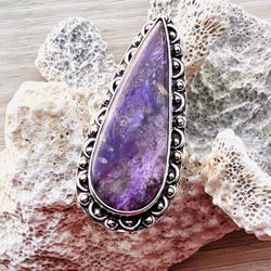 Longated Teardrop Natural Charoite Sterling Silver Ring Sz 9