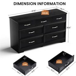 Modern Bedroom Chest Drawers Storage Cabinet with 7 Drawer Dresser Metal Pulls - Black