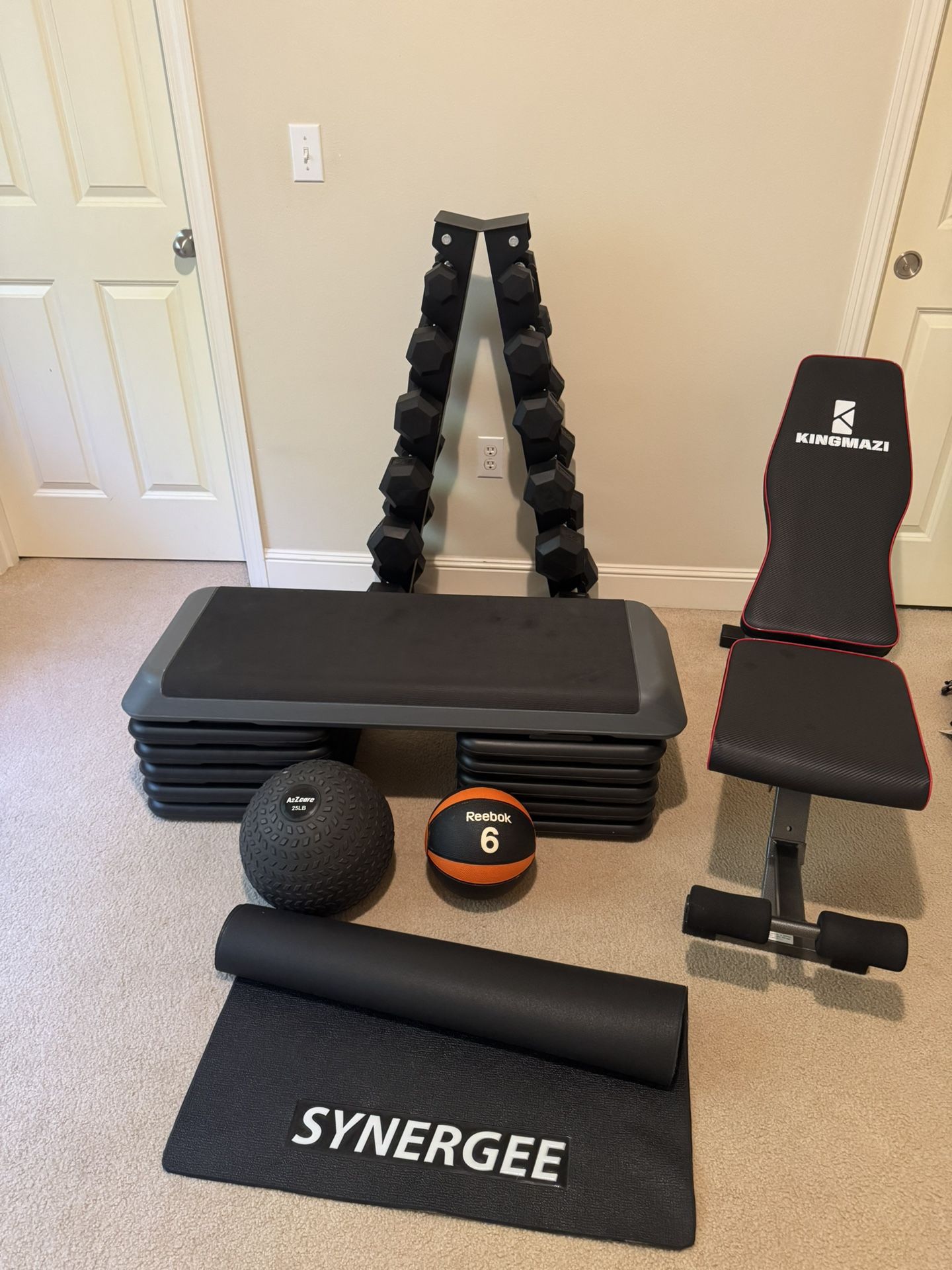 Dumbbell Set, Rack, Bench, Aerobic Step Platform w 5 Risers, 2 Medicine Balls, Floor Mat