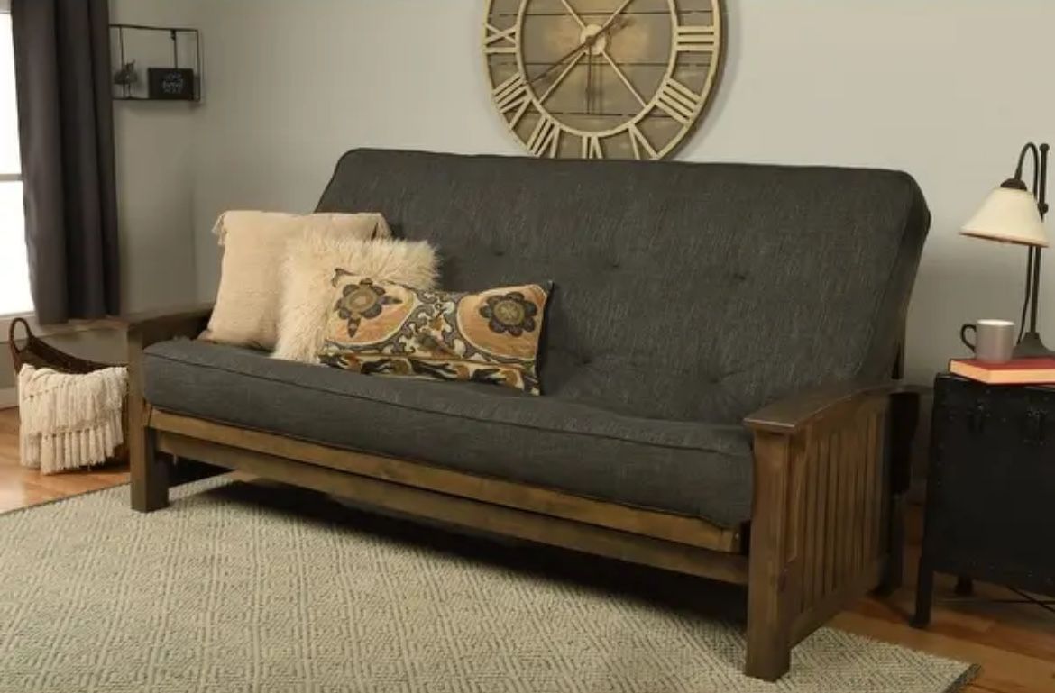  Futon Set in Rustic Walnut Finish with Linen Charcoal