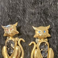 Vintage Pair Of Metal Gold Cats , With Crystals