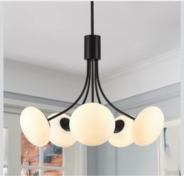 Brand: GAIONAIOA 5-Light Mid Century Milk Glass Globe Chandelier,G9 Black Vintage Chandelier Height Adjustable Ceiling Light Fixture,Milk Glass Light