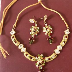 Gold Plated Adjustable Earring And Necklace Set, Indian Jewelry