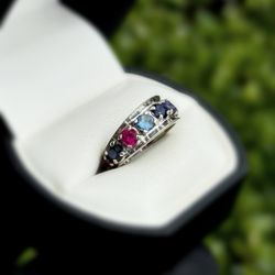 Jewelry 14k solid white gold rose quartz ruby sapphire purpurite cobalt aquamarine 0.40CTW ring sz 7.50