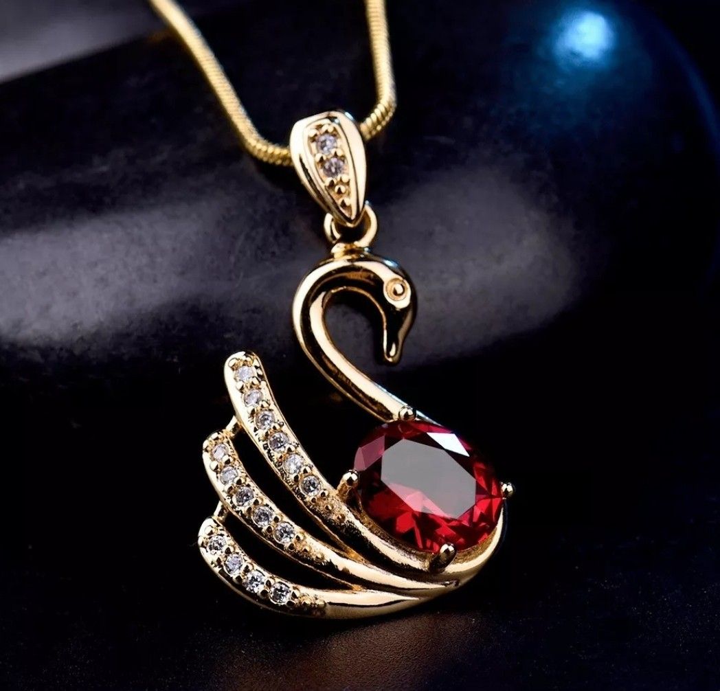 18kt Yellow Gold Filled Red Garnet Swan Pendant Necklace