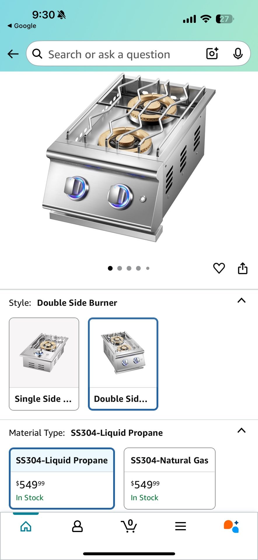 Grilling Side Burners for Outdoor Kitchen, 2 * 18,000BTU Natural Gas Side Burner