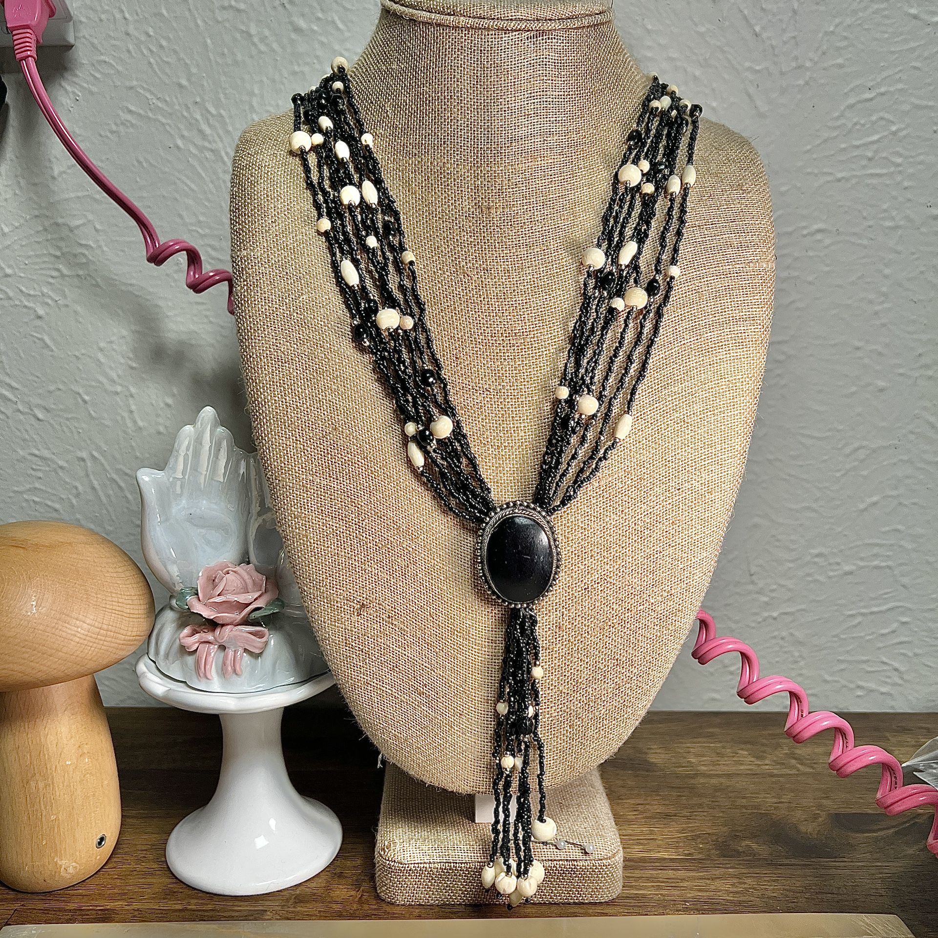 Vintage Black Beaded Long Necklace 28”
