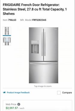 FRIGIDAIRE French Door Refrigerator: Stainless Steel, 27.8 cu ft Total Capacity, 1 Shelves Item 796L63 Mfr. Model FRFS2823AS