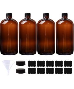 New 4 Pack 32 oz Amber Boston Round Glass Bottles with Black Caps for Secondary Kombucha Fermentation and Lab Chemicals (1 Funnel and 10 Pieces Black 