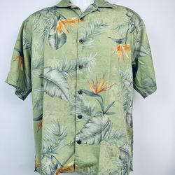 Tommy Bahama Light Green Silk Tropical Camp Shirt with Orange Accents