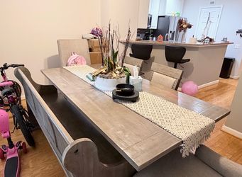 Modern Farmhouse Gray Dining Set – Table, 4 Chairs & Bench – $395 OBO