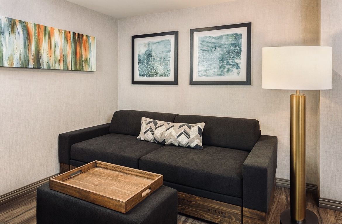 West Elm Sofa Bed with Ottoman & Large Wooden Tray in Excellent Condition like New. Originally $3000