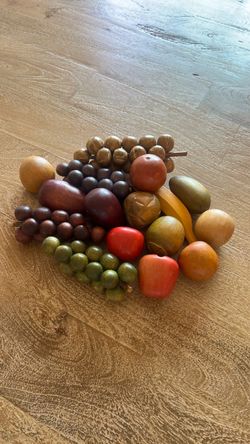 vintage, mid-century monkeypod wood decorative fruit