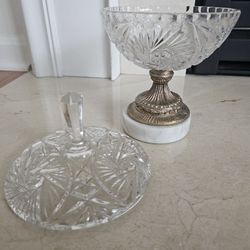 $45.00 - Hollywood Regency/Victorian Rococo Compote Dish! Exquisite Crystal Cuts/Brass Metal/Marble Base/Top with Finial!  