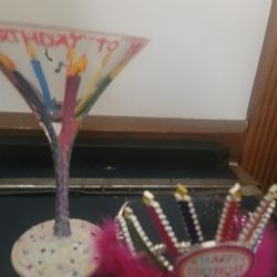 Loilta Hand Painted Happy Birthday 🎂 Martini 🍸Glass With Drink Recipe and Party👑 Crown.