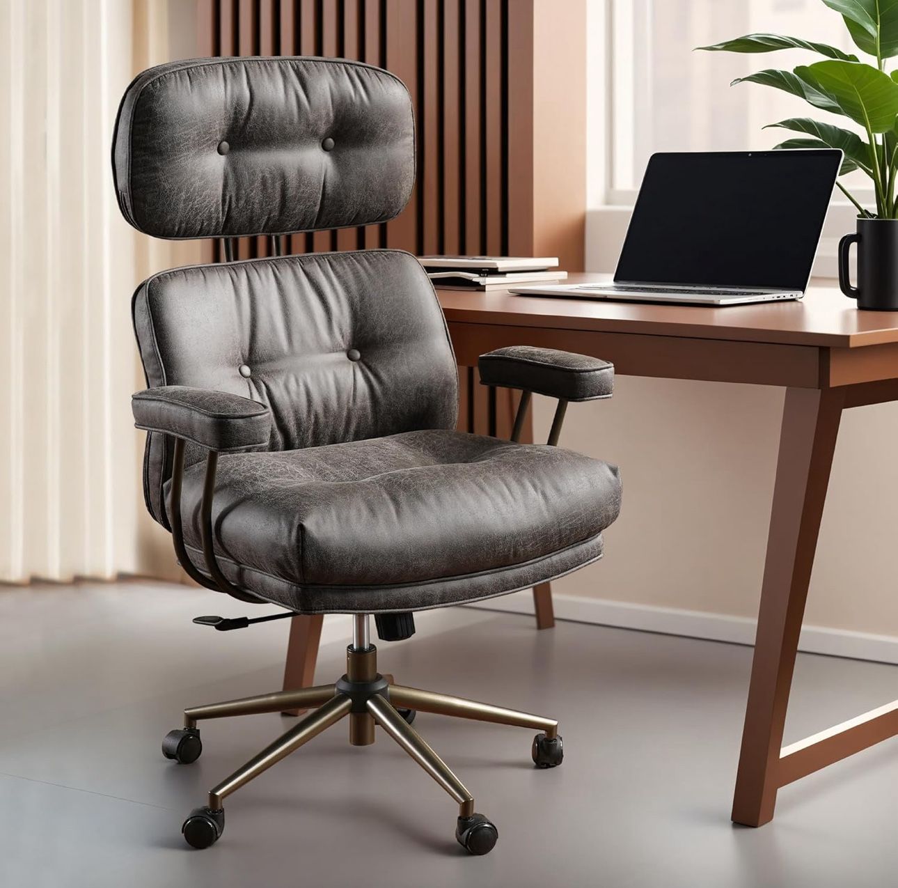 Ergonomic Home Office Chair, Mid-Century Modern Faux Leather Chairs with Thickened Cushions, Comfy High Back Swivel Rolling Executive Computer Armchai