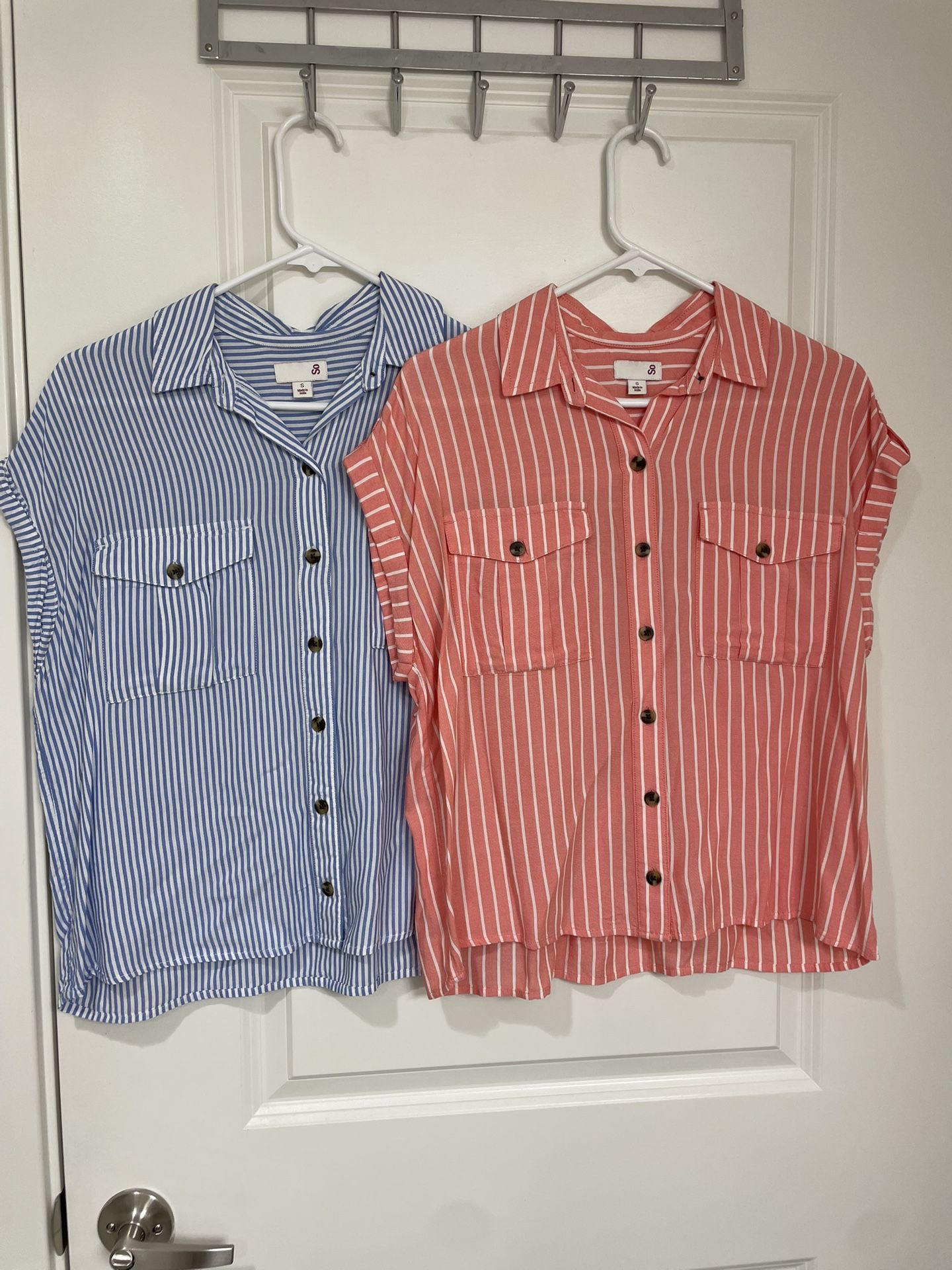 (2) Ladies vertical stripe button down shirt size SM