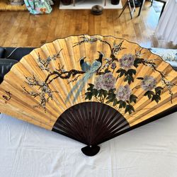 Vintage Asian Hand Painted Fan Wall Hanging 60 X 35 Inches
