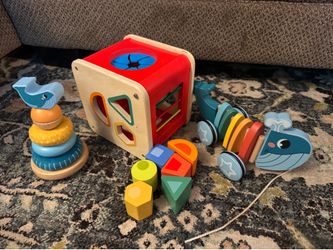 Toddler toys Wooden Toy Set: Shape Sorter, Whale Pull Toy, and Stacker