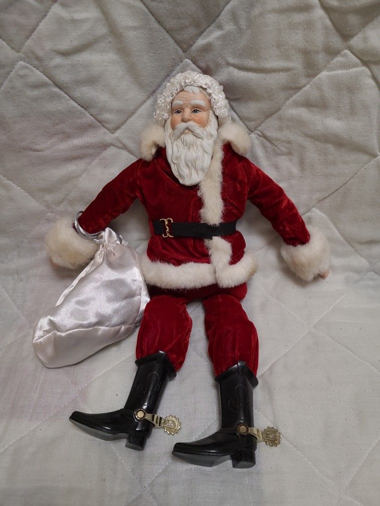 Porcelain Santa Doll With Red Velvet Suit And Black Cowboy Boots